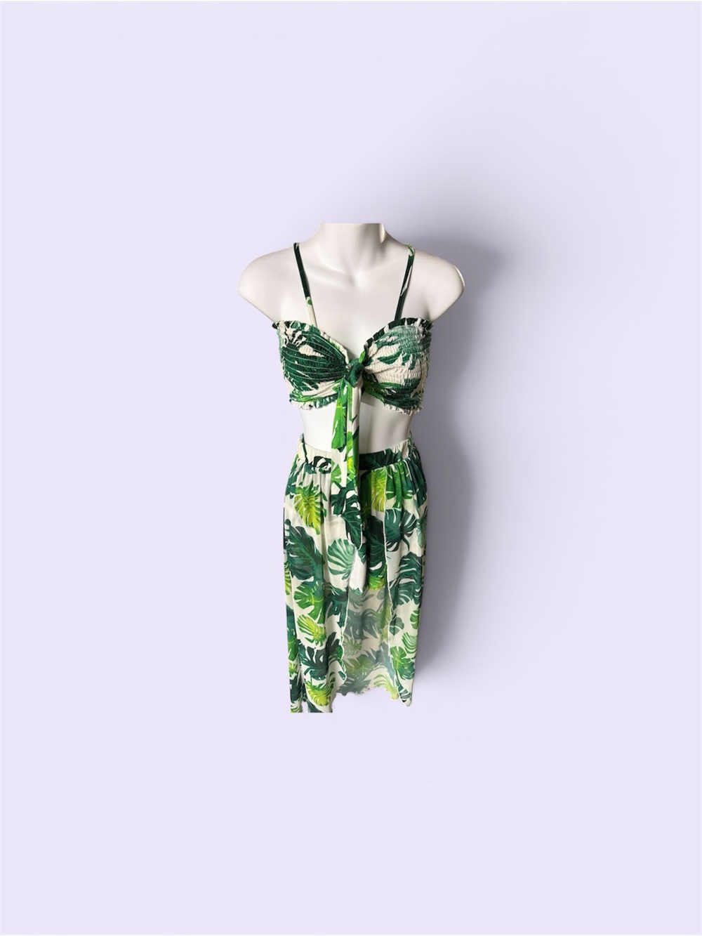 Green Tropical Leaf Two-Piece Crop Top & Skirt Set